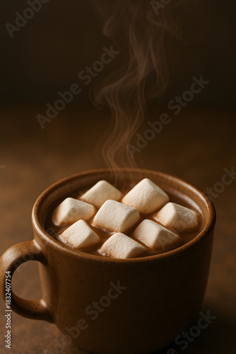 Hot Chocolate Delight: A warm cup of hot chocolate with fluffy marshmallows steams invitingly, promising comfort and indulgence. A perfect visual for warmth.
