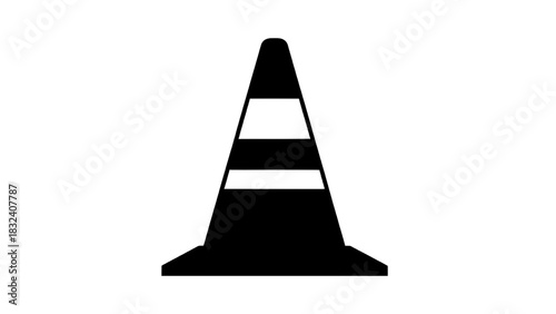 Vector illustration of black and white silhouette icon of a traffic cone with horizontal reflective stripes isolated on transparent background