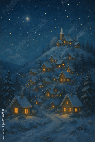 Snowy Village at Night: A charming village nestles peacefully under a starlit night, houses aglow with warmth and light, creating a serene and idyllic scene of winter.