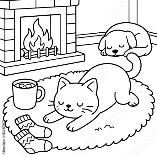 Cozy Cat and Pup by the Fireplace: A tranquil scene unfolds as a cat stretches contentedly on a soft rug, a slumbering pup resting peacefully nearby, with a warm fireplace, a cozy cup of cocoa.