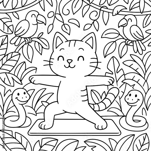Whimsical Yoga Adventure: A playful cat practices yoga in a lush, jungle setting, surrounded by friendly birds and snakes, promoting wellness and mindfulness in a fun, inviting way.