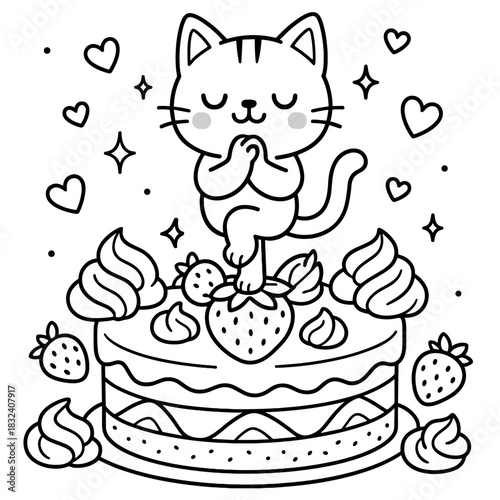 Whimsical Cat and Cake: A charming illustration featuring a cat gracefully poised atop a delicious strawberry cake, surrounded by hearts and stars. The artwork evokes feelings of joy and celebration.