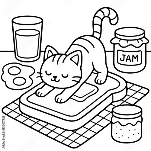 Morning Meal with Cat: A charming cartoon cat, radiating contentment, stretches languidly across a slice of toast, the centerpiece of a delightful breakfast setting, complemented by a glass of milk.