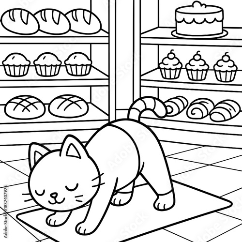 Cat in Bakery: A charming cat practices yoga in a bakery, surrounded by fresh bread and pastries, creating a whimsical and delightful scene.