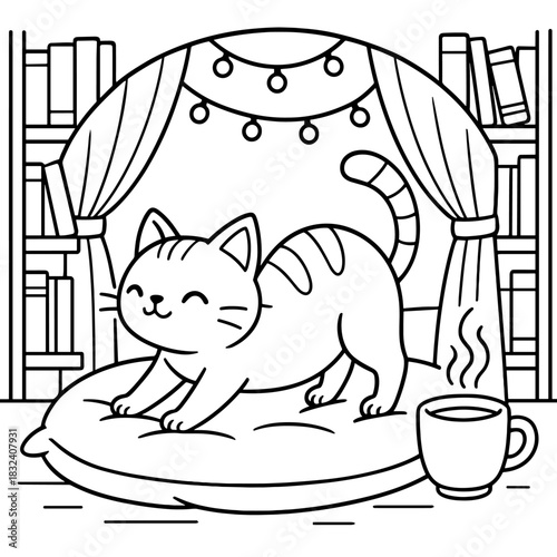 Cozy Cat's Comfort: A charming illustration depicts a serene scene of a contented cat stretching on a comfy pillow, accompanied by a warm beverage amidst a backdrop of books and gentle illumination.