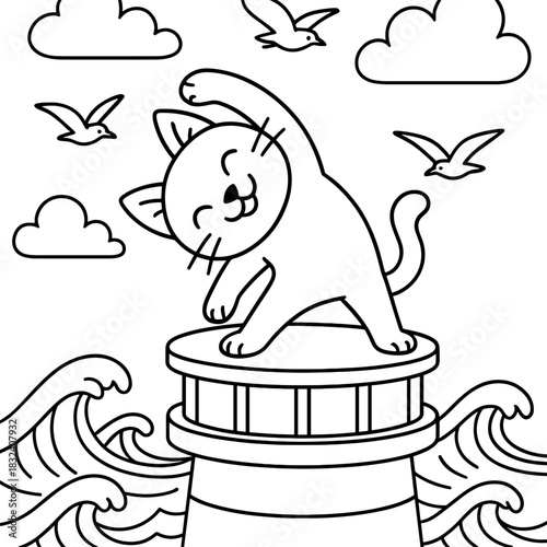 Cat Lighthouse Yoga: A happy cartoon cat striking a yoga pose atop a lighthouse, surrounded by playful waves, soaring seagulls, and fluffy clouds, illustrating mindfulness and seaside serenity.