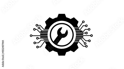 Vector illustration of black and white icon representing technology repair service with a wrench inside a gear and circuit board elements, isolated on transparent background