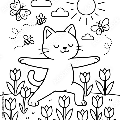 Cat doing Yoga: A serene cat strikes a yoga pose, embodying peace and mindfulness amid a vibrant garden filled with flowers, butterflies, and buzzing bees, with the sun casting a warm glow.