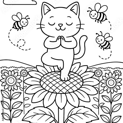 Zen Cat's Sunflower Serenity: A whimsical scene features a meditating cat balanced gracefully on a sunflower. Bees flutter around the cat, enhancing the scene's tranquil atmosphere.