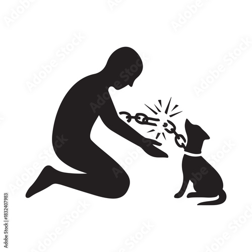 Symbolic freedom illustration of a person breaking a chain around a dogs neck on a white background concept of liberation and animal rights silhouette