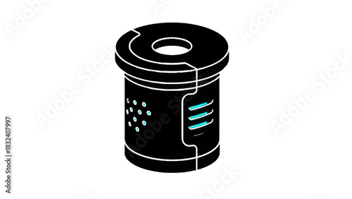 Vector illustration of minimalist black icon of a cylindrical electronic component or filter with glowing blue accents isolated on transparent background