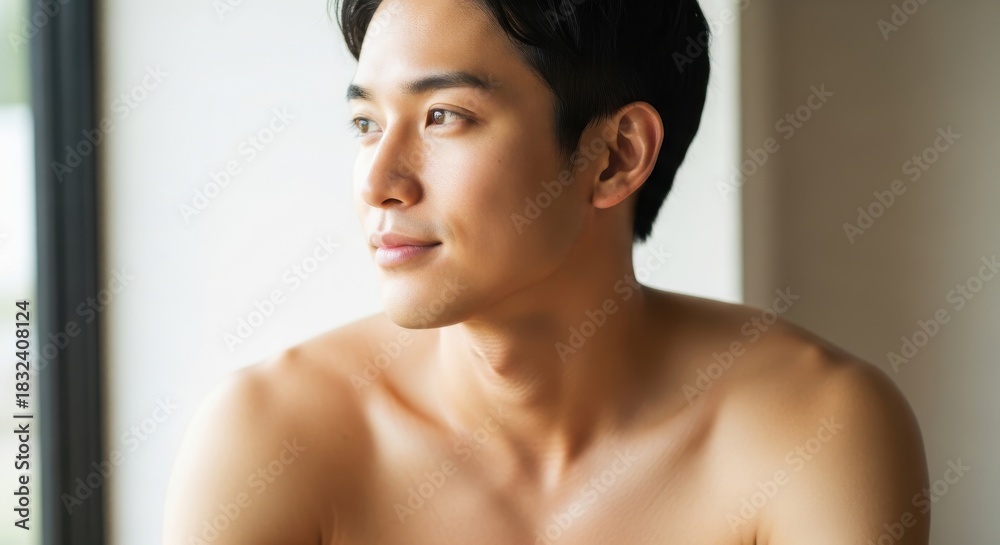 Obraz premium Young adult male with dark hair gazes thoughtfully into the bright distance beside a window