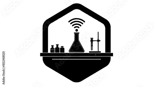 Vector illustration of black and white icon of a laboratory setup with a flask emitting a wireless signal isolated on transparent background