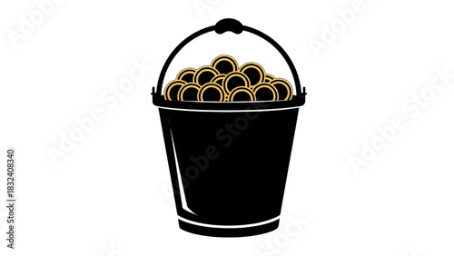 Vector illustration of black bucket filled with gold coin icon isolated on transparent background