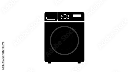 Vector illustration of black and white icon graphic of a modern frontloading washing machine isolated on transparent background