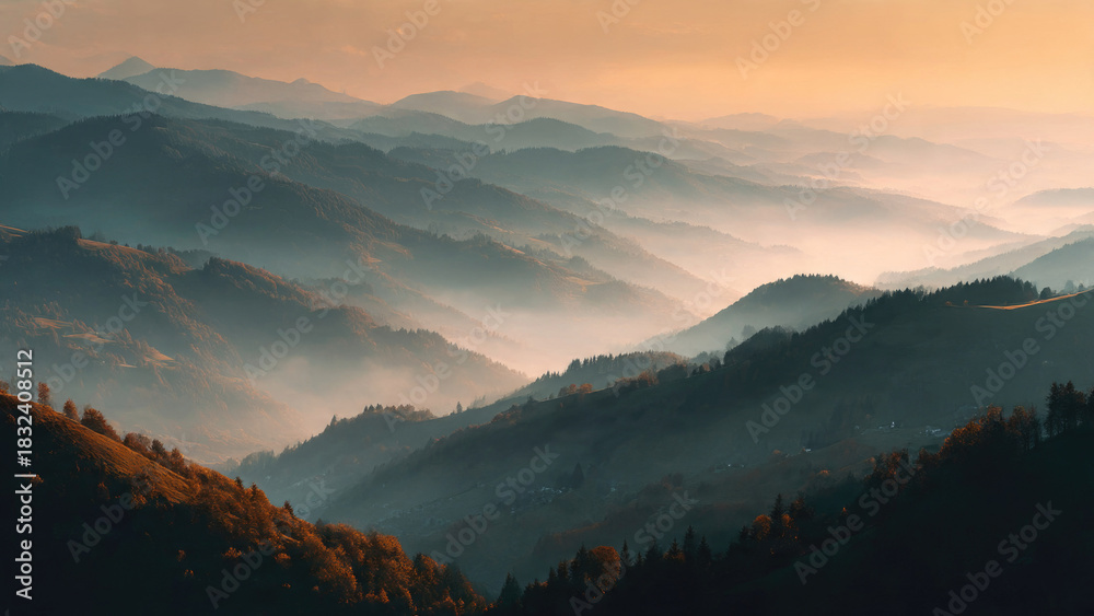 Obraz premium A breathtaking aerial view of misty mountain ranges at sunrise or sunset, with warm light illuminating rolling hills and valleys.