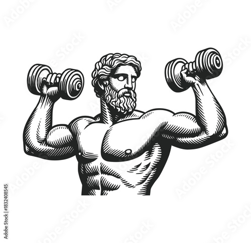 Engraved Greek Warrior Bodybuilder Illustration – Mythical Strongman Lifting Weights