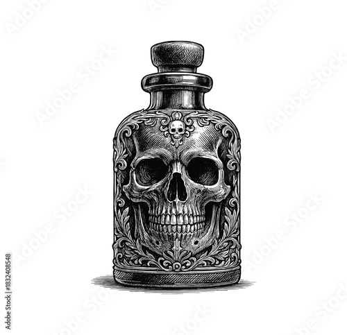 Vintage Engraved Skull Potion Bottle Illustration – Gothic Apothecary Art