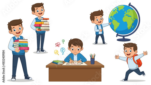 Cartoon Students Carrying Books in School