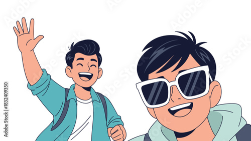 Happy Cartoon Student Waving Hello with Backpack