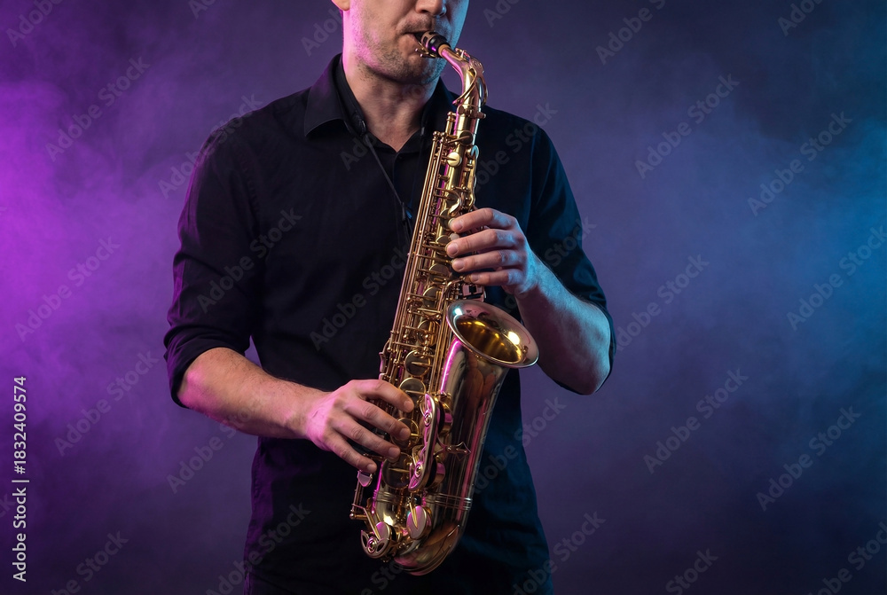 Fototapeta premium A Musician Playing a Golden Saxophone Against a Moody Purple and Blue Background