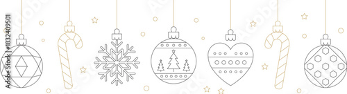 Modern Christmas line art ornament collection featuring hanging baubles, snowflakes, candy canes and heart shapes in elegant minimal festive style