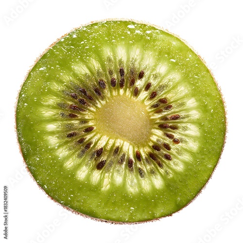Translucent slice of kiwi fruit with backlit seeds and flesh Image