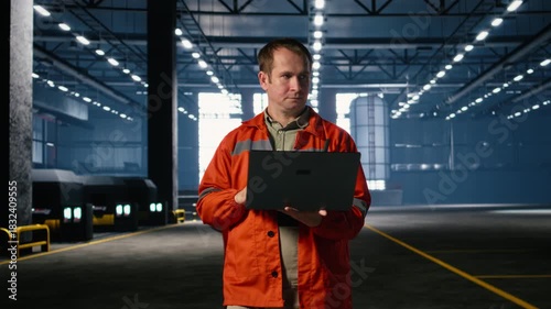 Wallpaper Mural Worker walking in a manufacturing facility handling equipment for fabrication tasks, heavy steel responsibility and professional plant operation within the creation process. Camera A. Torontodigital.ca