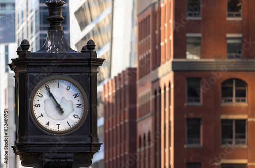 Canvas Print Toronto Union Station clock in front of Union Station, main city passenger transportation hub that services intercity and international connections