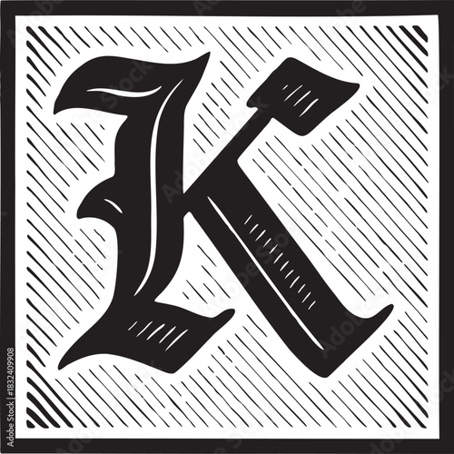 Gothic medieval illuminated letter K bold blackletter linocut initial with etched shading for vintage manuscript or decorative typography