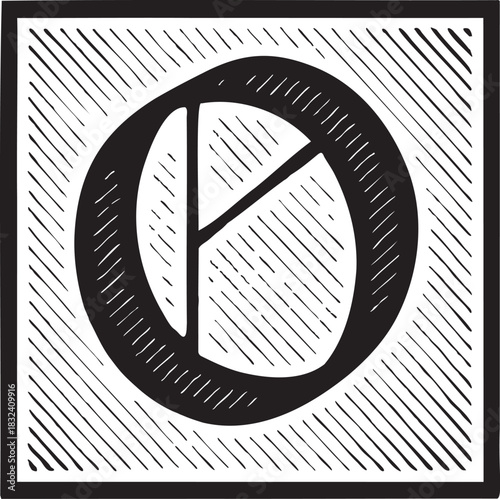 Ornamental medieval illuminated letter O linocut style with bold hatched etching effect for decorative manuscript inspired design