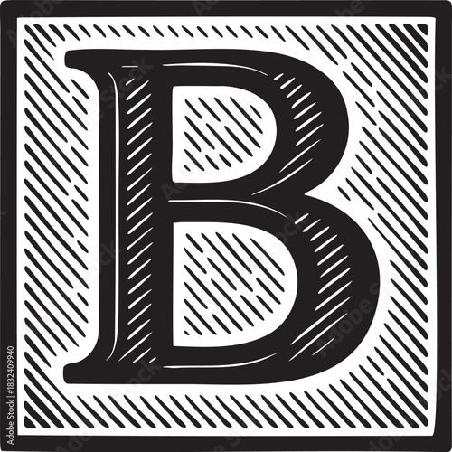 Medieval illuminated letter B in gothic linocut print style with bold shading and vintage manuscript inspired detail