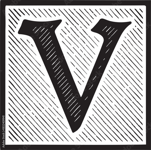 Medieval illuminated gothic letter V linocut print style with etched shading and vintage manuscript inspired detailing