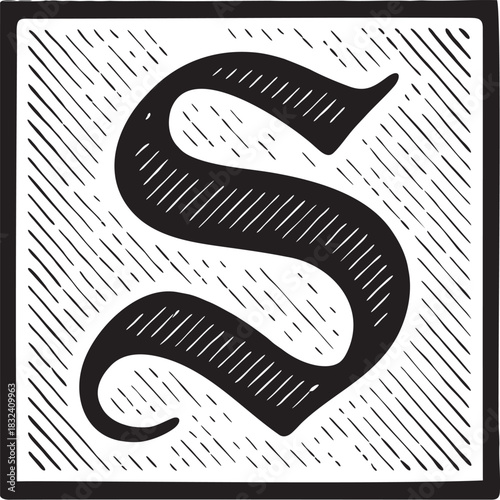 Medieval gothic illuminated letter S linocut ornamental initial with engraved shading and vintage manuscript inspired design