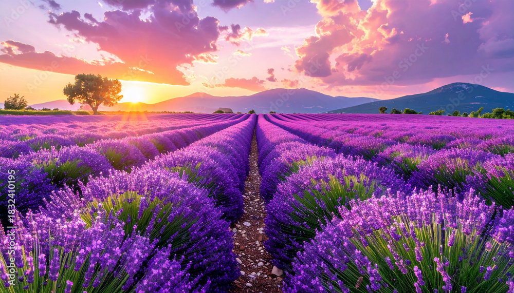 Naklejka premium Lavender Field Sunset