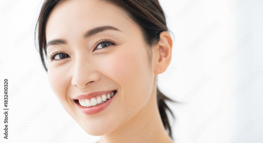 Naklejka premium Portrait of a young adult woman with radiant skin and a cheerful, wide smile against a bright background
