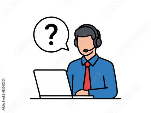 Customer service agent wearing headset with microphone and blue shirt red tie working on laptop computer with question mark speech bubble above head isolated on black background vector illustration