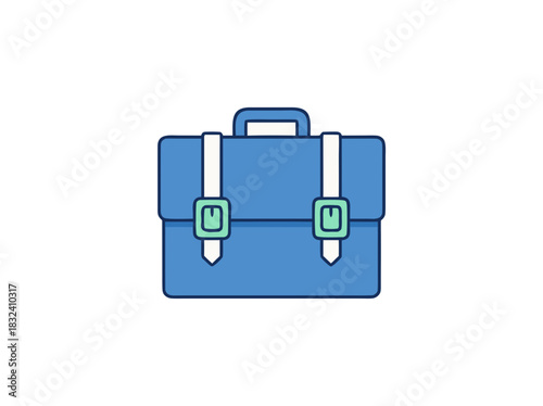 Blue briefcase with white straps and green buckles on a black background simple illustration icon