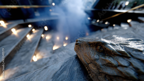 Fototapeta Naklejka Na Ścianę i Meble -  An intricate lizard sculpture placed on a staircase, complemented by fog that enhances the surreal and artistic ambiance, inviting viewers into a world of imagination.