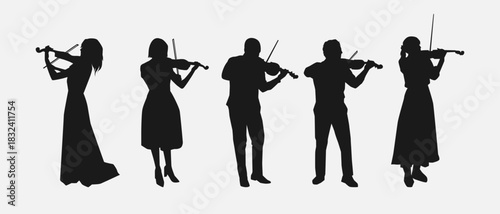 Silhouettes of violin players. Isolated vector illustration.