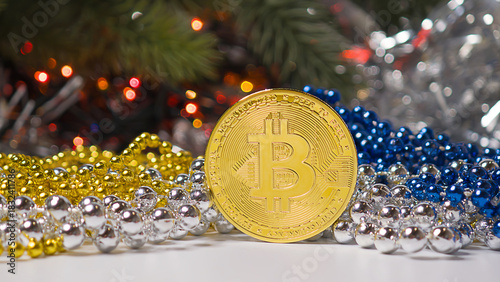 Bitcoin Coin with Gold, Silver and Blue Beads in Festive Pine and Holiday Lights Setting