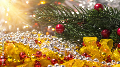 Red Baubles with Gold and Silver Beads and Yellow Ribbons in Pine Holiday Arrangement