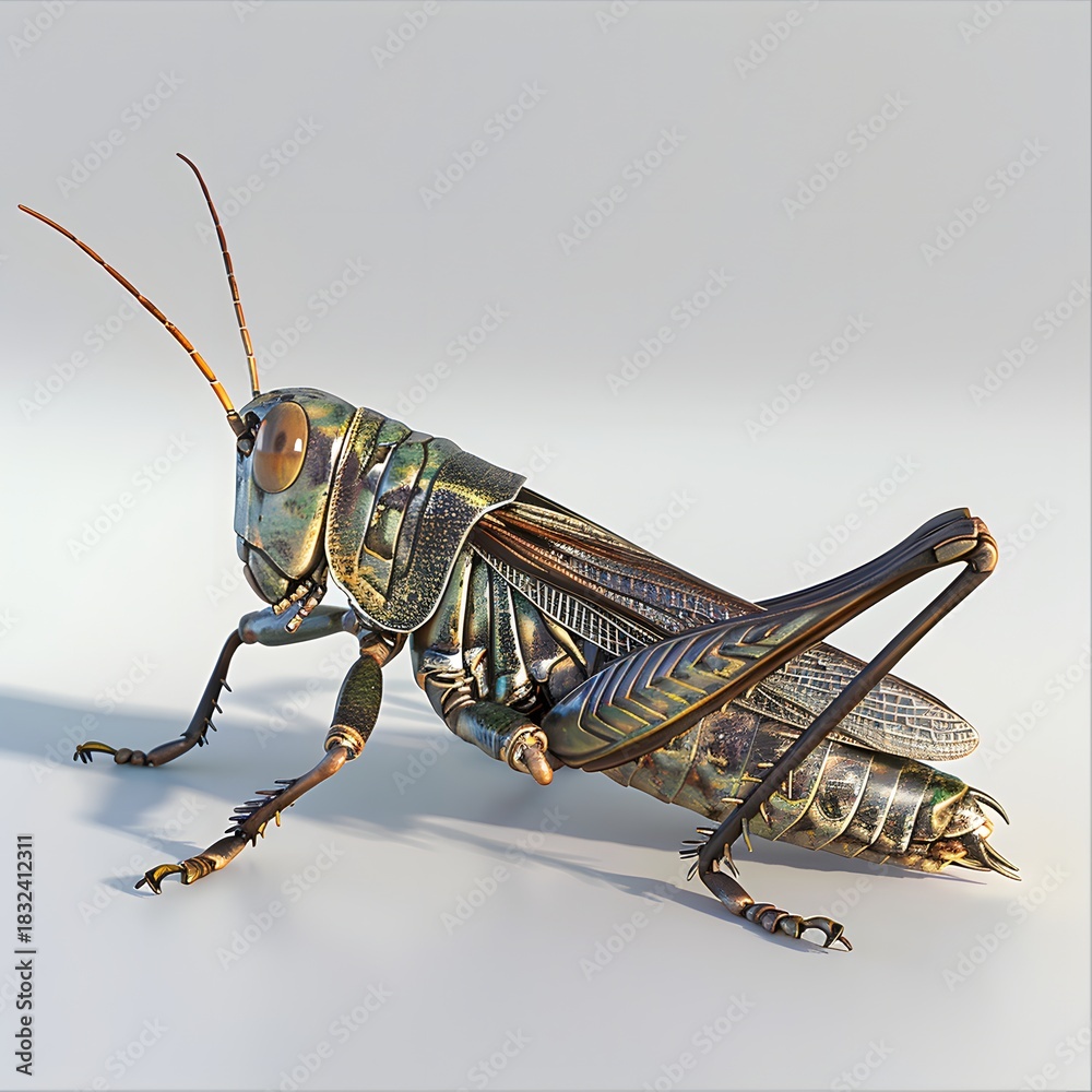 Fototapeta premium Detailed Metallic Grasshopper on Image White Background insect