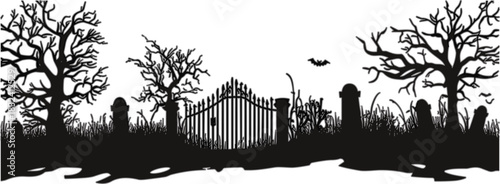 Spooky graveyard gate silhouette illustration, Halloween theme, haunted cemetery, bats, trees, tombstones, eerie night, vector graphic, art