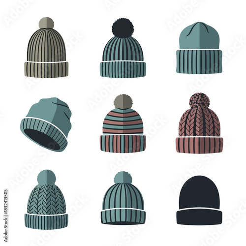 Set of Winter Knit Hats Featuring Ribbed, Patterned, and Cuffed Beanie Styles