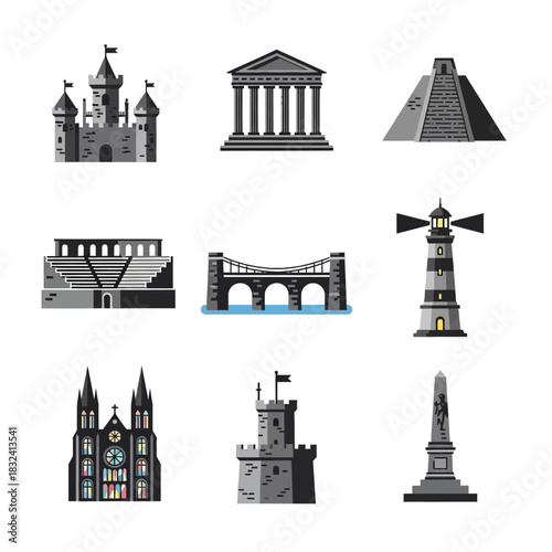 Set of International Monuments and Architectural Icons Featuring Temples, Bridges, and Towers