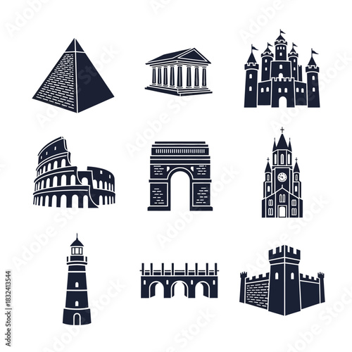Icon Set of Global Historic Landmarks and Architectural Monuments in a Minimal Modern Style