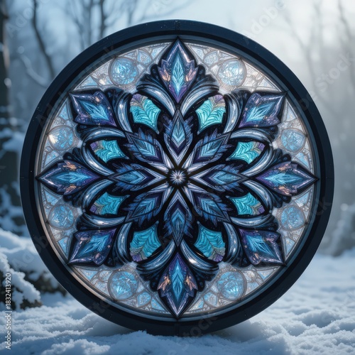 A striking, circular ornamental design resembling an intricate snowflake or mandala, rendered in vivid blue, cyan, and purple colors. 