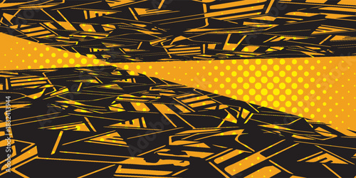 Abstract Geometric Composition with Black and Yellow Shapes and Halftone.