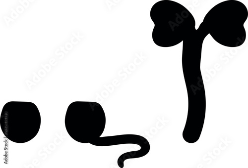 Black silhouette of stages of plant seed germination isolated on white background. Growth stages from seed to sprout	